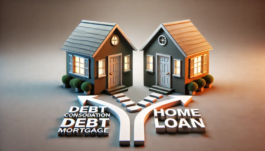 A house with two doors: one leading to a consolidated debt solution and the other leading to a new home purchase, symbolizing financial choices. The background is neutral and balanced, emphasizing decision-making and financial strategy.