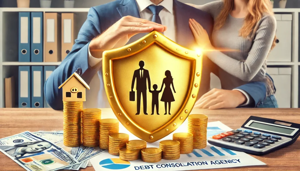 A protective shield made of golden coins surrounding a happy family, symbolizing financial security and expert guidance. The background is bright and reassuring, emphasizing trust and stability.