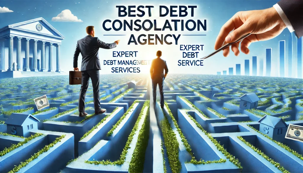 A financial expert guiding a person through a maze of financial obstacles towards a clear exit, symbolizing expert debt management services. The background is bright and optimistic, emphasizing financial clarity and relief.