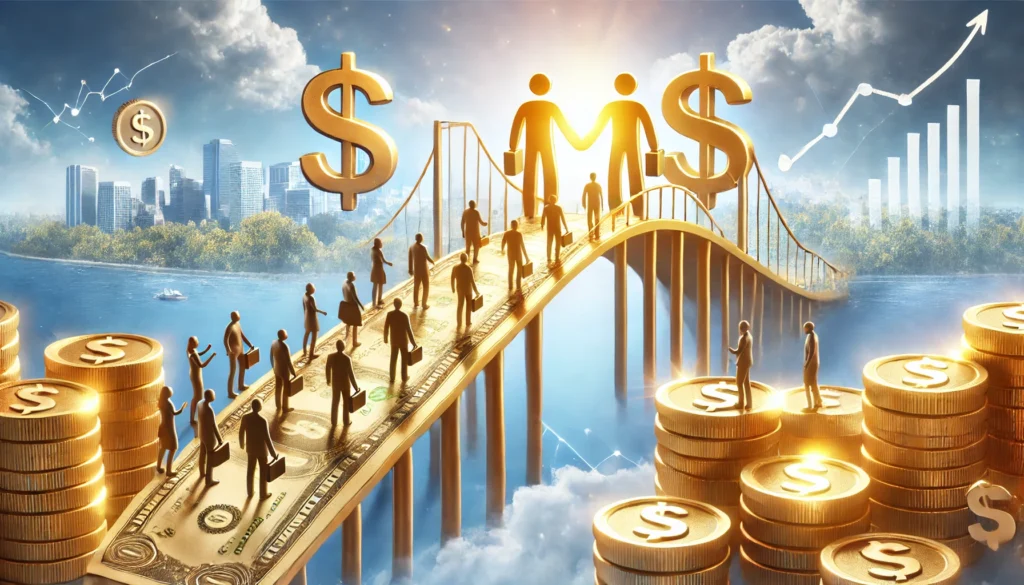 A strong golden bridge connecting people struggling with debt to a secure financial future, symbolizing expert financial guidance and consolidation services. The background is bright and uplifting, emphasizing financial success.