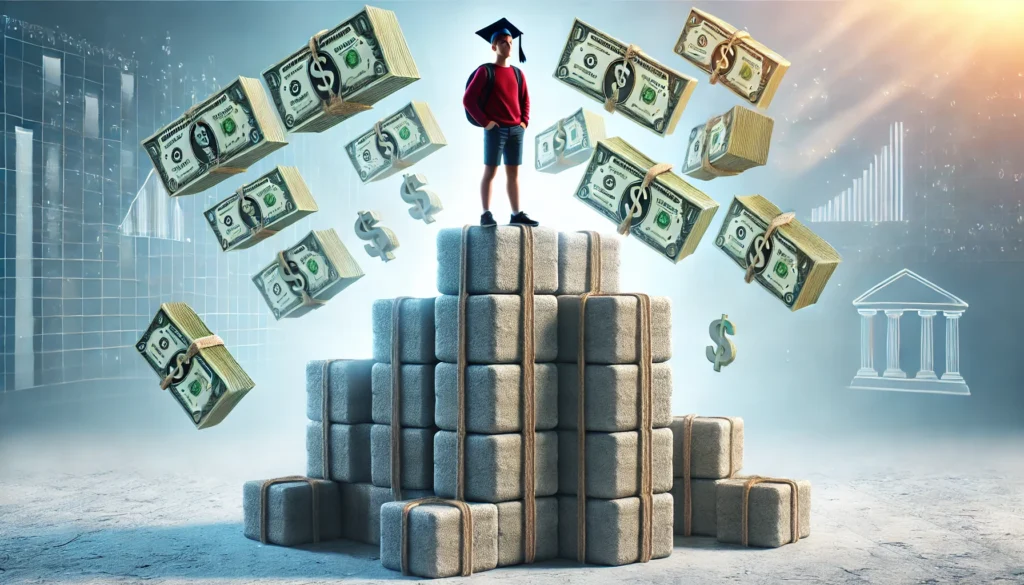 A student standing confidently on a stack of sturdy stone blocks, each representing financial support for education. The background is bright and uplifting, emphasizing stability and higher learning opportunities.