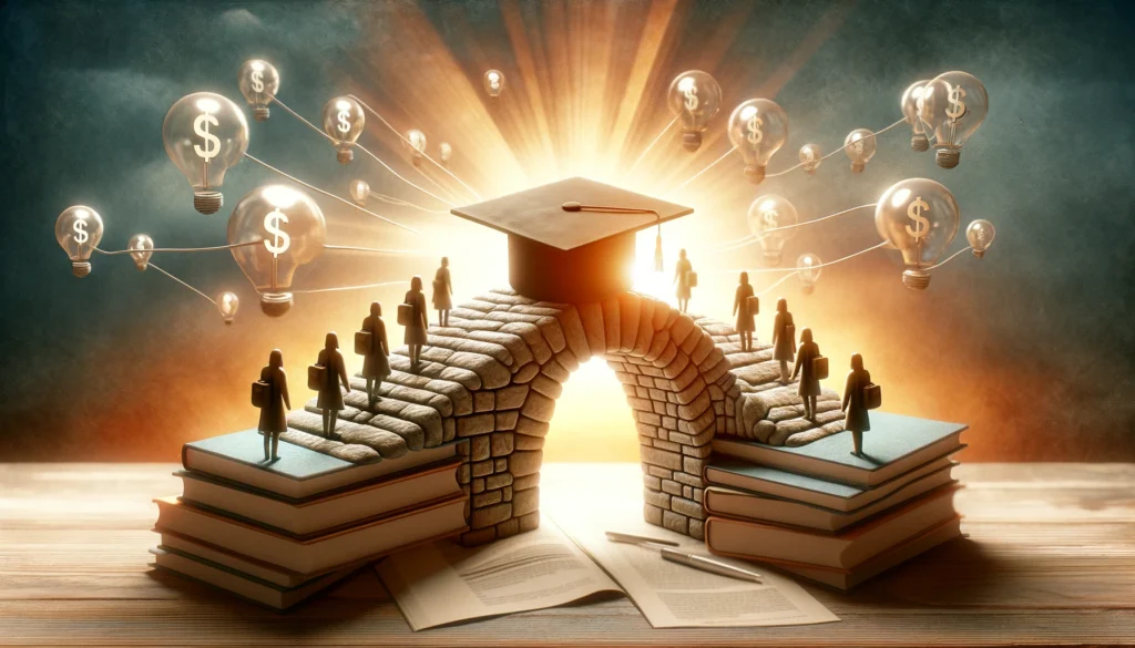 A strong bridge made of stone, connecting students to a bright future, symbolizing financial aid and stability in education. The background is warm and promising, emphasizing academic achievement and financial security.
