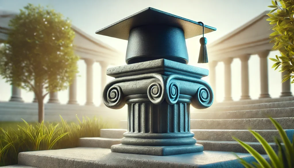 A graduation cap resting securely on a firm stone pillar, symbolizing strong financial support for higher education. The background is bright and peaceful, emphasizing stability and academic success.