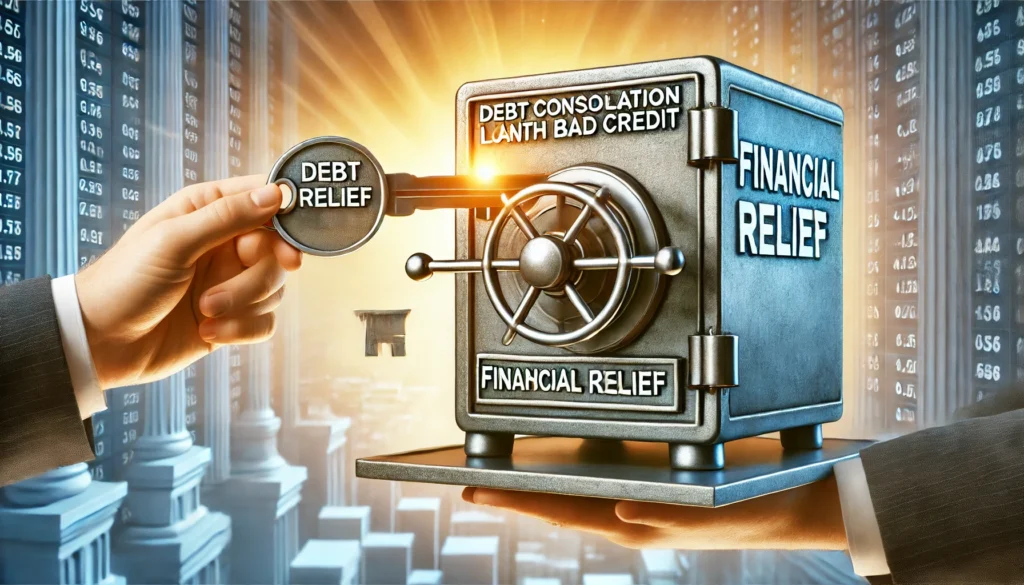 A locked vault being opened with a key symbolizing financial relief, representing access to financial solutions despite poor credit history. The background is bright and promising, emphasizing opportunity and financial stability.