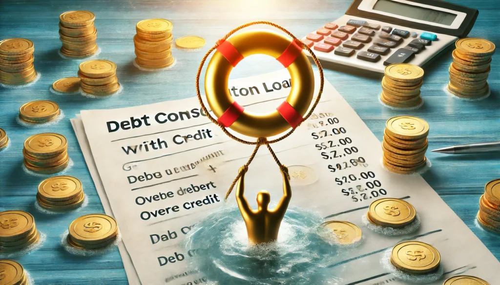 A lifebuoy made of golden coins rescuing a person drowning in overdue credit statements, symbolizing financial recovery despite poor credit history. The background is bright and hopeful, emphasizing stability and debt relief.
