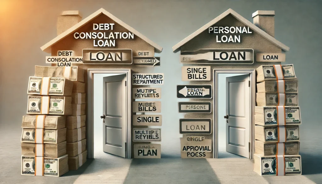 Two financial doors: one leading to a structured repayment plan with multiple bills merging into one, and the other leading to a single loan approval process. The background is neutral and balanced, symbolizing financial decision-making.
