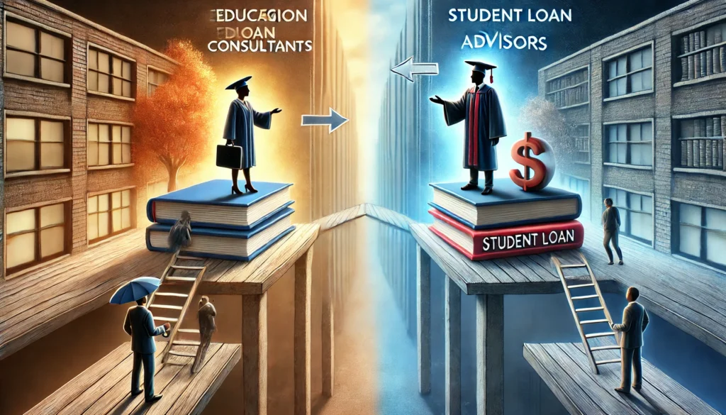 Two professional figures on separate platforms: one providing a student with loan options and the other guiding a graduate through repayment strategies. The background is structured and bright, symbolizing financial decision-making and support.