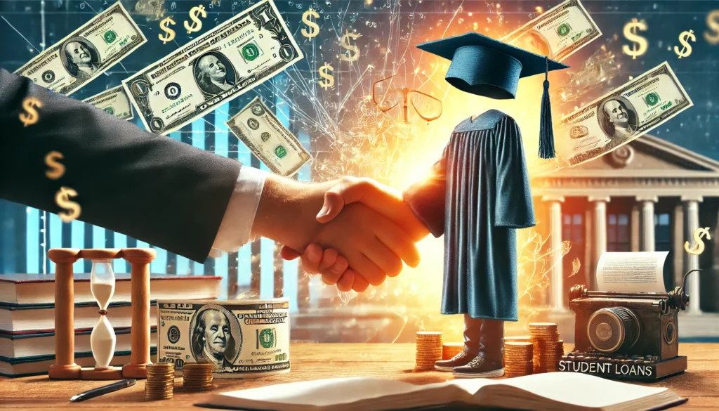 A handshake between a banker and a student with graduation caps and money in the background, symbolizing financial institutions providing education loans. The atmosphere is bright and professional, emphasizing financial trust and support.