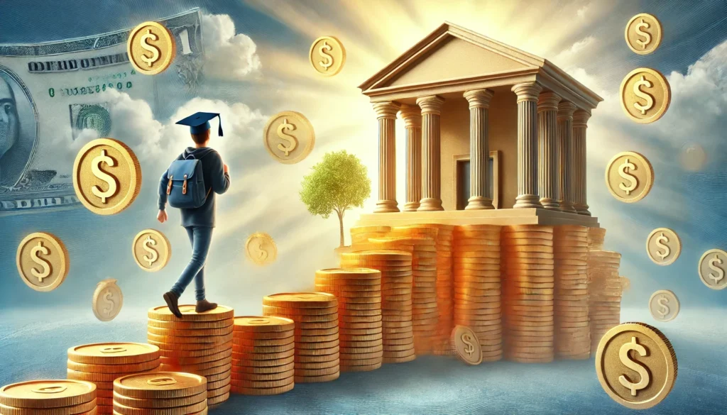 A student walking up a staircase made of golden coins leading to a bank, symbolizing financial support for education. The background is bright and inspiring, emphasizing financial opportunity and education funding.