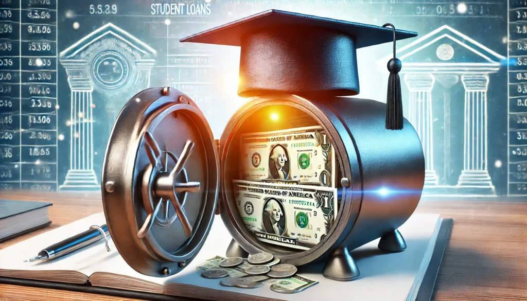 A secure vault opening with a graduation cap and a pile of money inside, symbolizing financial institutions providing education funding. The background is bright and professional, emphasizing financial support and trust.