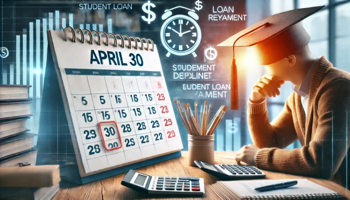 A student looking at a calendar with financial documents and a graduation cap in the background, symbolizing loan repayment deadlines. The atmosphere is bright yet time-sensitive, emphasizing financial responsibility.