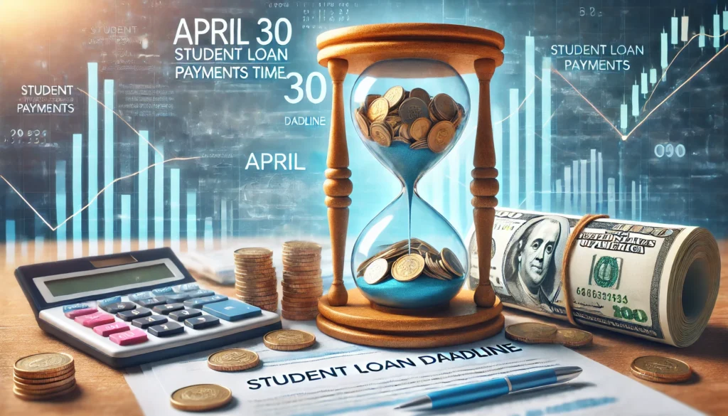 An hourglass with coins and financial documents flowing through it, symbolizing the urgency of making student loan payments on time. The background is bright but slightly tense, emphasizing financial awareness.