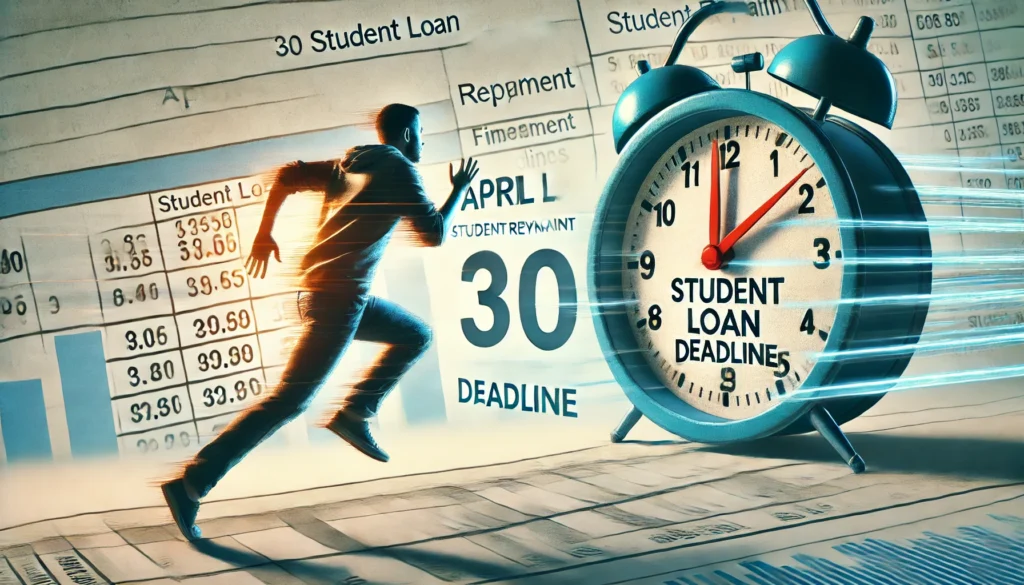 A student running towards a finish line made of financial documents, symbolizing the urgency of meeting loan repayment deadlines. The background is bright yet slightly pressured, emphasizing time-sensitive financial obligations.
