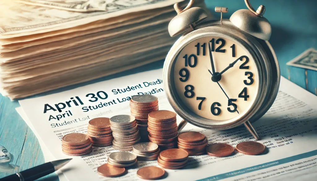 A clock made of coins and student loan documents ticking down, symbolizing the limited time to complete student loan payments. The background is bright yet slightly tense, emphasizing financial responsibility and deadlines.