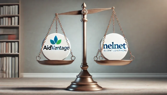 A balanced scale with two sides, one representing Aidvantage and the other representing Nelnet, symbolizing the evaluation of student loan servicers. The background is neutral and professional, emphasizing financial choice and comparison
