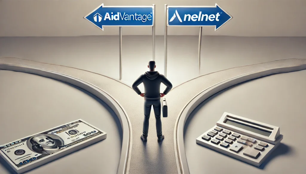 A person standing at a forked financial road with two separate pathways leading to different financial institutions, symbolizing the choice between student loan servicers. The background is bright and neutral, emphasizing decision-making.