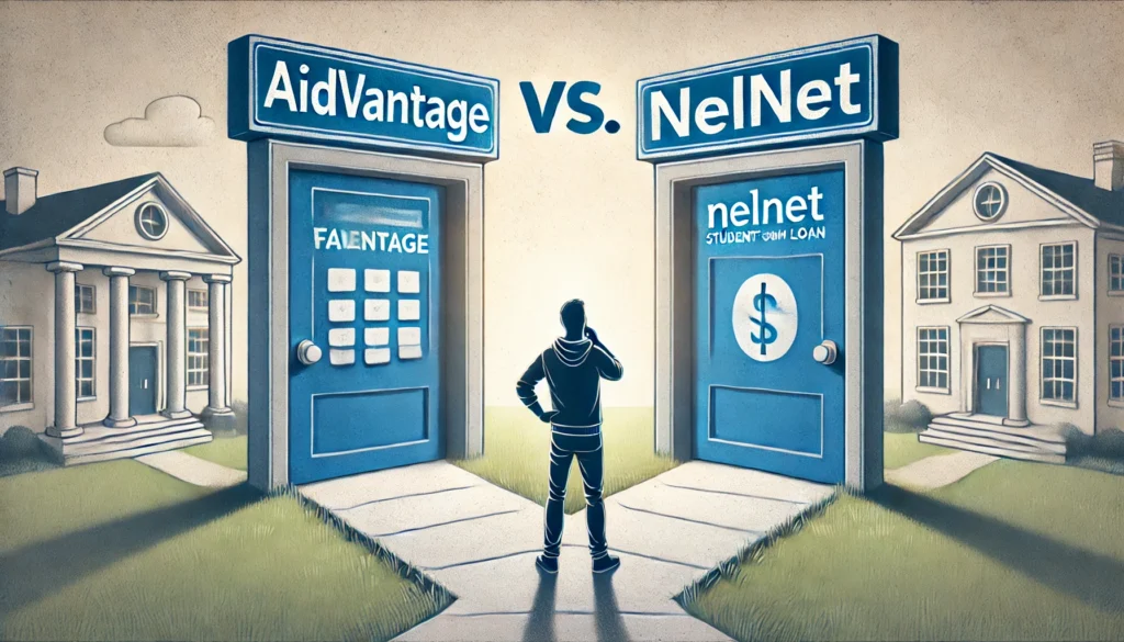 Two financial doors side by side, one symbolizing Aidvantage and the other representing Nelnet, with a student deciding which door to enter, symbolizing the choice of student loan services. The background is bright and neutral, emphasizing financial decision-making.