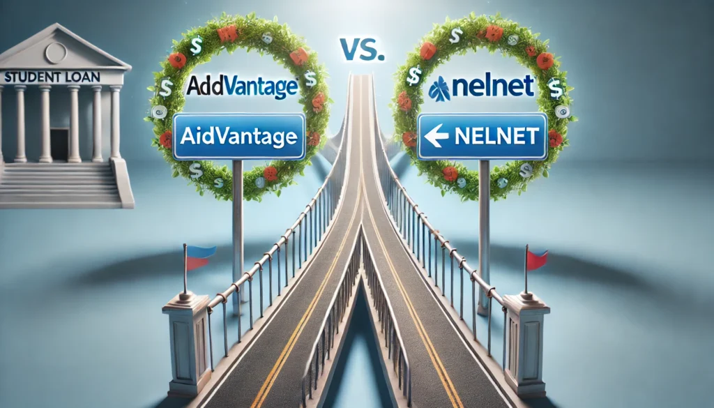 A bridge splitting into two distinct financial paths, one leading toward Aidvantage and the other toward Nelnet, symbolizing the different routes of student loan management. The background is bright and professional, emphasizing financial choice and comparison.