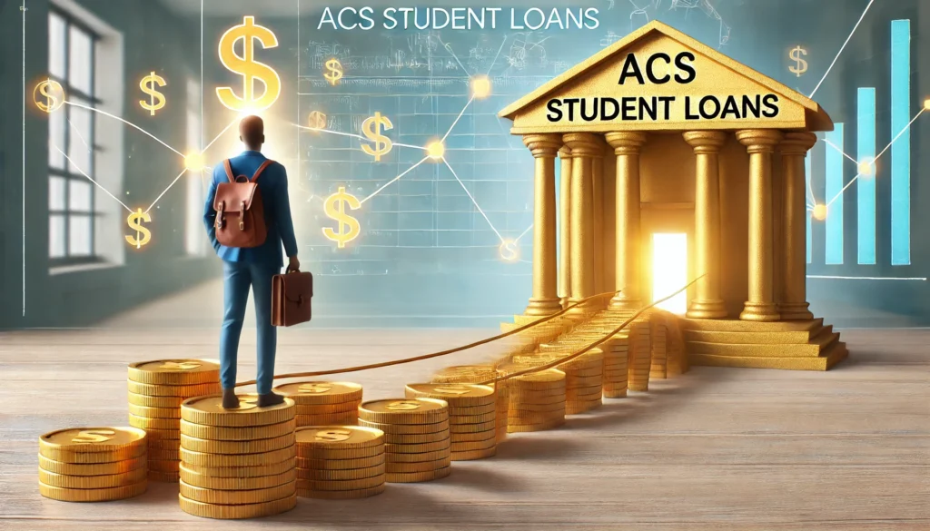 A student standing in front of a financial bridge made of golden coins leading to a university, symbolizing the role of loans in higher education. The background is bright and structured, emphasizing financial aid and student support.