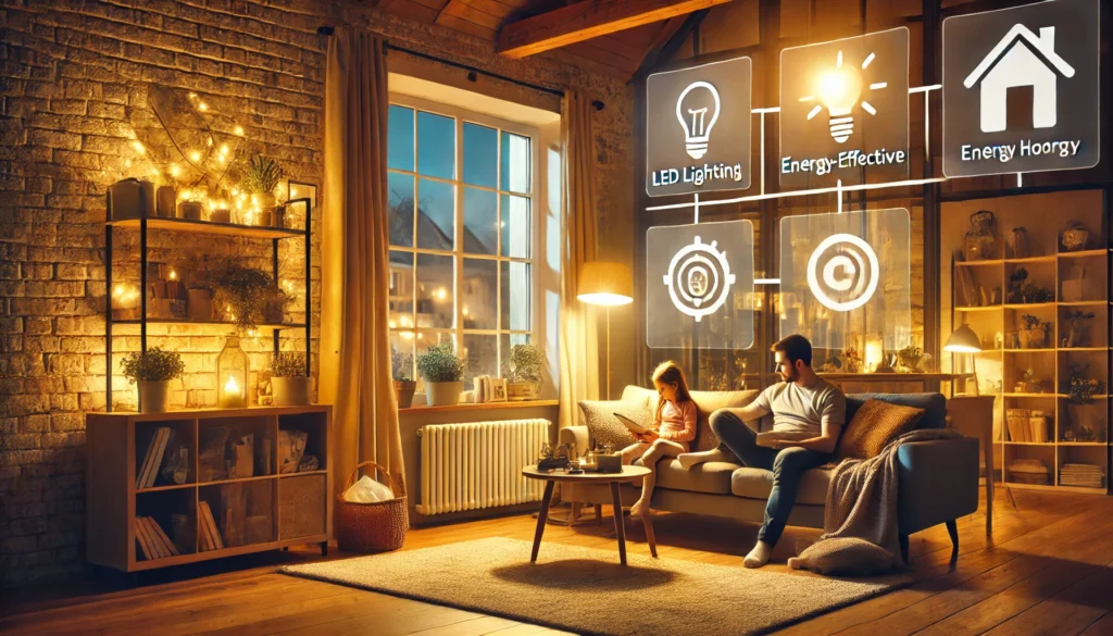 A cozy living room with energy-efficient LED lighting, a well-insulated window, and a warm atmosphere. A family enjoys a relaxed evening, with visible smart home devices helping manage energy use, symbolizing cost-effective energy savings