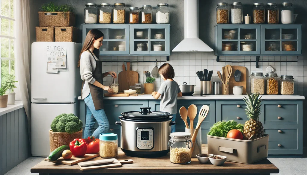 A modern kitchen where a family is preparing a meal using budget-friendly ingredients. A slow cooker, bulk food storage containers, and reusable kitchenware are present, symbolizing frugal grocery shopping and smart meal planning