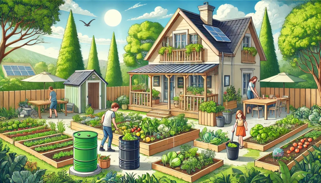 A home garden where a family is harvesting fresh vegetables and herbs. Raised garden beds, compost bins, and a rainwater collection barrel highlight sustainable and budget-friendly homegrown food solutions