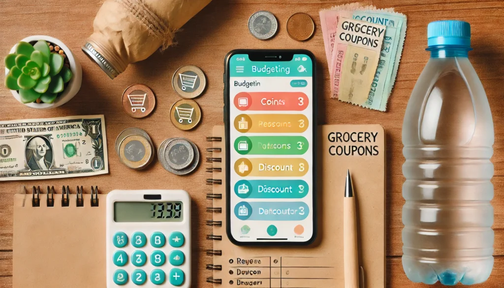 Flat lay of a wooden desk with a smartphone showing a budgeting app, surrounded by coins, coupons, a handwritten grocery list, reusable water bottle, and calculator—representing practical frugal living