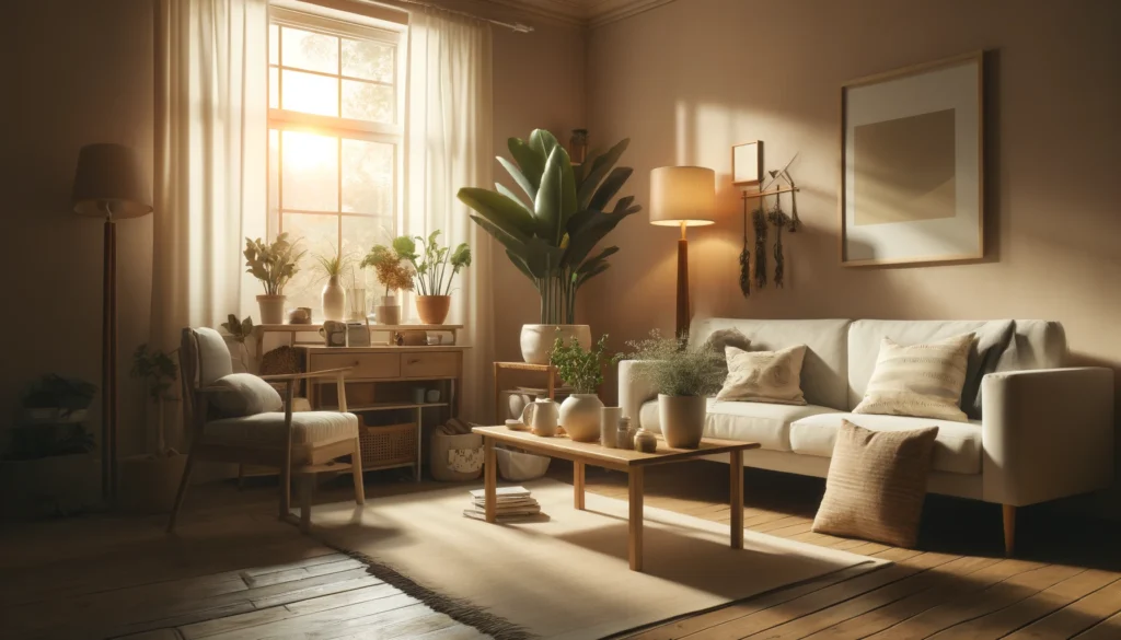 Minimalist living room with thrifted furniture and houseplants, bathed in natural sunlight, reflecting frugal and intentional home living