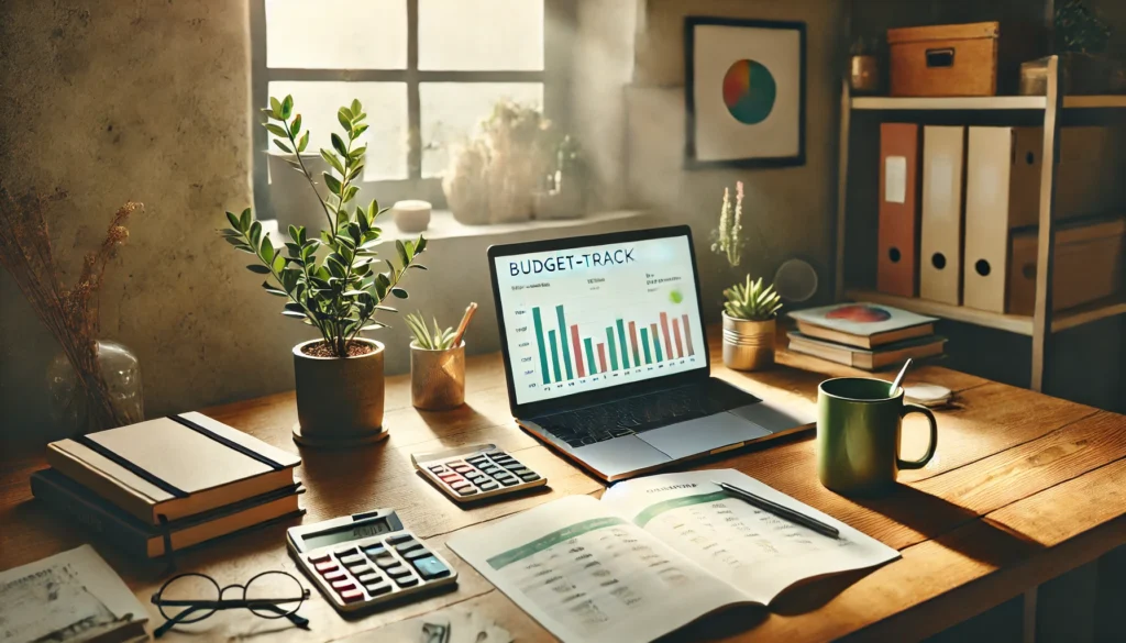 Minimalist home office with laptop displaying colorful budget spreadsheet, promoting mindful money tracking and frugal living