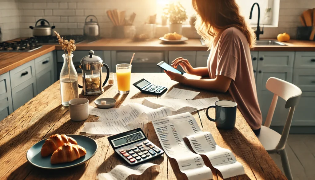 Morning budgeting scene with receipts, calculator, and smartphone app at a kitchen table, representing everyday spending awareness and frugal habits
