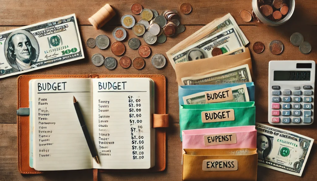 Top-down view of organized cash envelopes, coins, and handwritten expense journal on a wooden table, symbolizing hands-on budgeting and frugal discipline