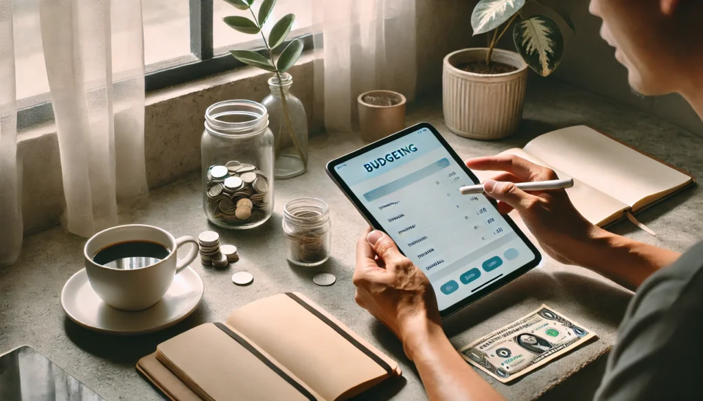A person using a budgeting app on a tablet at a minimalist desk with a notebook, coffee, and jar of coins, highlighting digital frugal living and financial focus