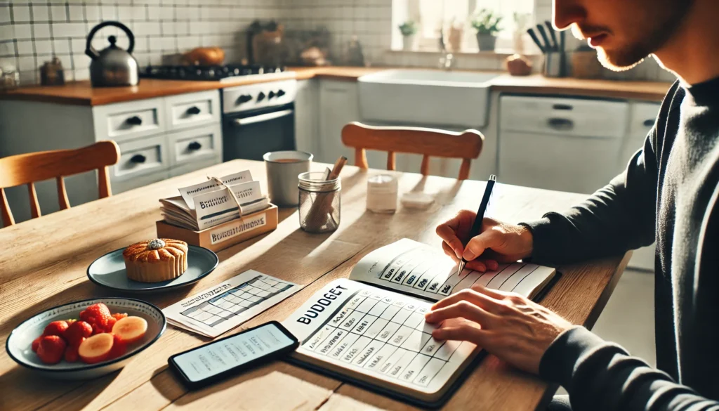 A person sitting at a kitchen table in morning light, writing in a weekly budget planner with breakfast, a budgeting app on a smartphone, and organized expense envelopes nearby