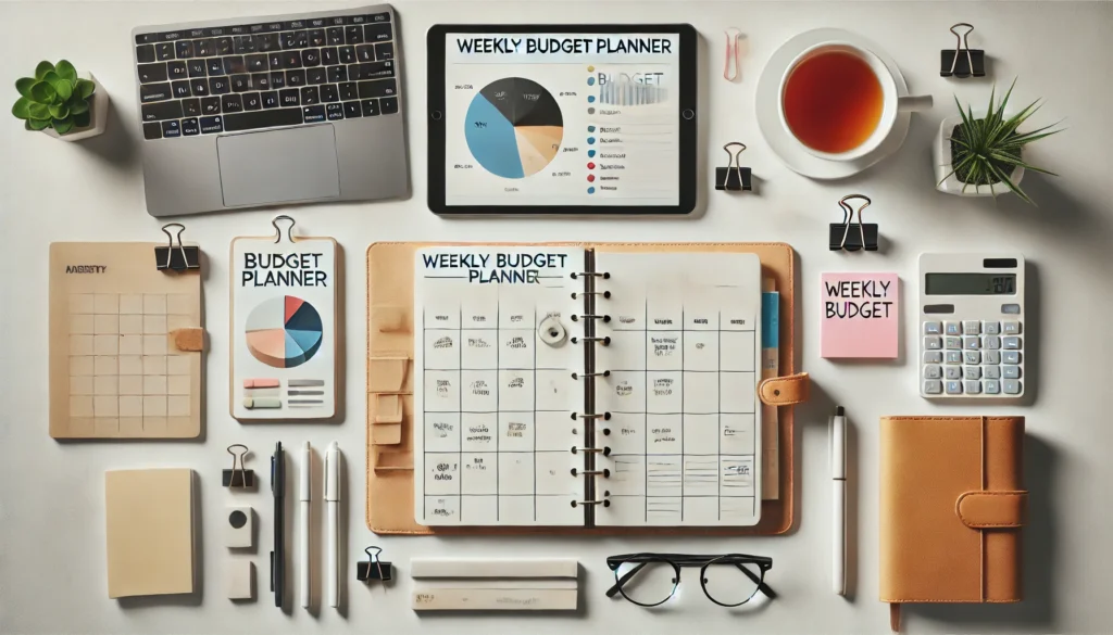 Top-down view of a minimalist workspace with a weekly budget planner, digital tablet showing a pie chart, pens, sticky tabs, tea, and eyeglasses arranged neatly on a white table