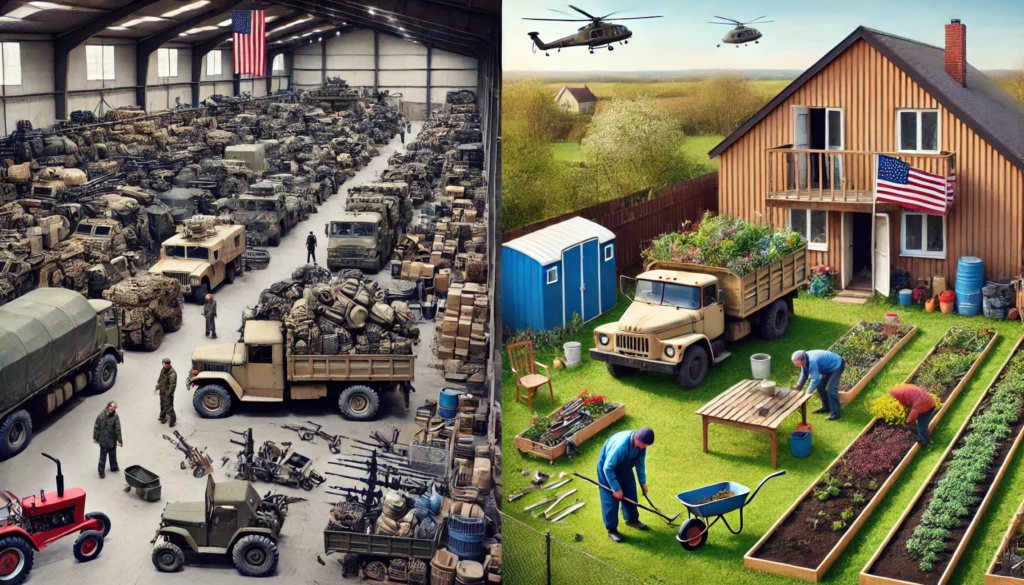 Overflowing government warehouse filled with unused military gear and dusty vehicles, contrasted by a frugal family gardening with repurposed tools outside