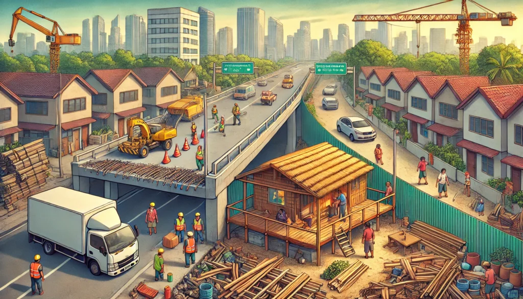 Half-completed government construction site with idle workers, contrasted by a frugal family building a shelter using recycled materials across the street
