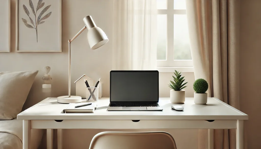 Minimalist home office with a clean desk, single laptop, and soft natural light, reflecting a clutter-free, frugal approach to spending