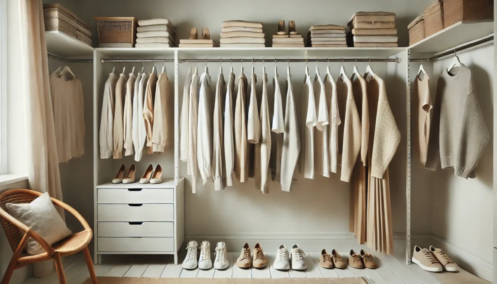 Minimalist closet with neatly arranged neutral clothing and organized shoes, symbolizing mindful, frugal fashion choices and reduced spending
