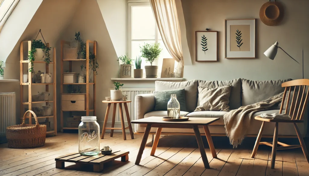 A cozy minimalist living room featuring second-hand furniture, DIY décor, and natural lighting—symbolizing a peaceful, frugal lifestyle focused on contentment and simplicity
