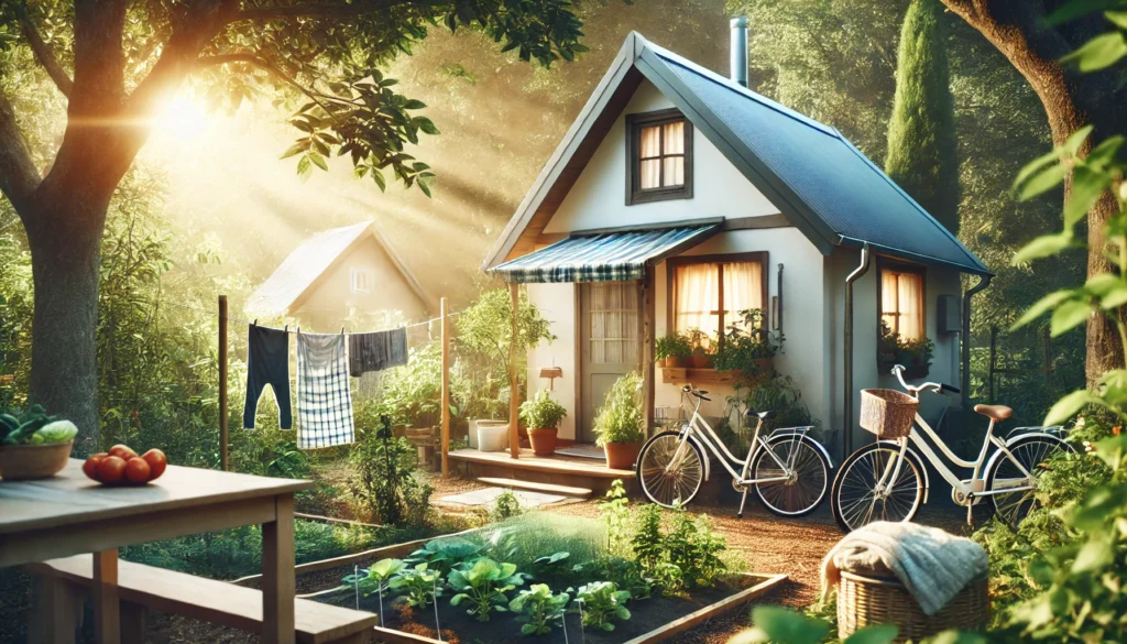 Small frugal home with backyard vegetable garden, bicycle, and clothesline under sunlight, symbolizing self-sufficient and budget-conscious living