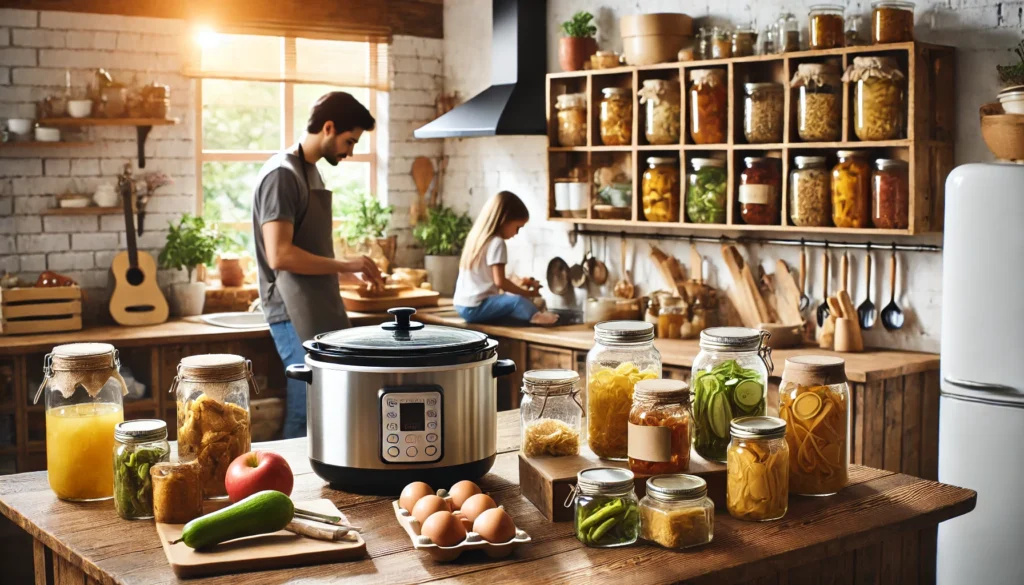 Frugal family cooking at home with preserved foods, fresh ingredients, and reusable containers in a practical kitchen, emphasizing savings through home-prepared meals