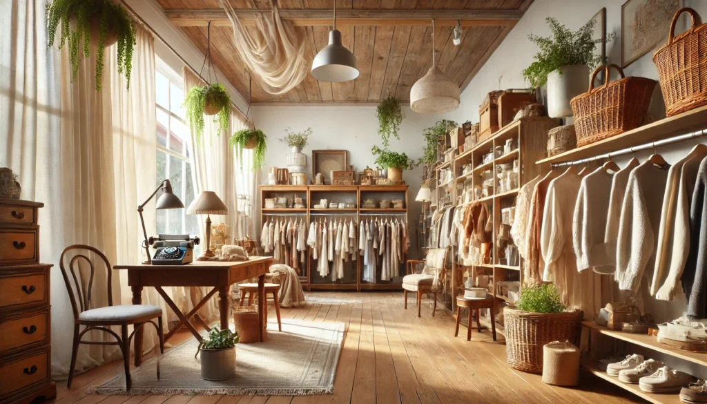 Thrift store with second-hand clothes, vintage furniture, and budget-friendly goods, reflecting smart frugal shopping and sustainable savings