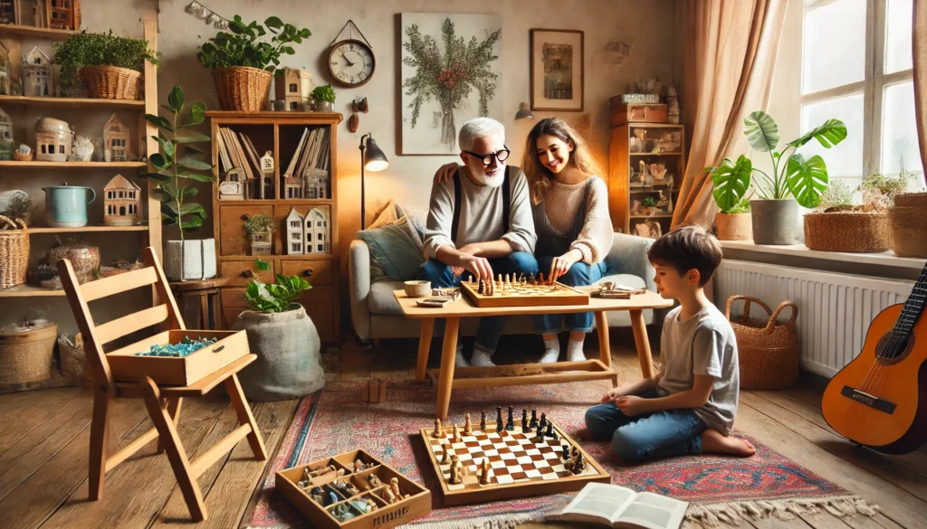 A cheerful family playing a board game in a cozy living room filled with thrifted furniture, plants, and DIY decor—illustrating how low-income households can enjoy quality time and comfort without overspending
