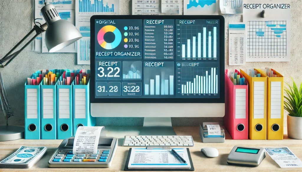 Modern workspace with a large monitor showing a digital receipt organizer dashboard, surrounded by a receipt scanner, folders, and handwritten notes, representing meticulous digital budgeting