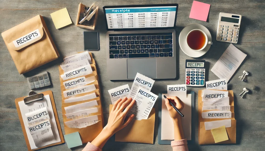 Top-down view of a desk with receipts sorted into labeled envelopes, a laptop displaying a budgeting app, and a smartphone nearby, representing organized frugal living with digital tools