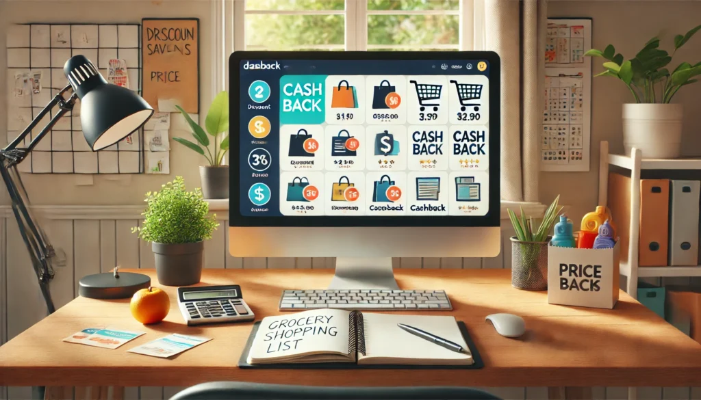 A minimalist home office setup with a desktop computer showing online discount and cashback tools, reflecting organized frugal living and digital savings planning