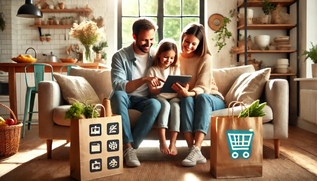 A happy family sitting on a couch browsing budget deals on a tablet, surrounded by shopping bags and a cozy home environment that reflects frugal living habits