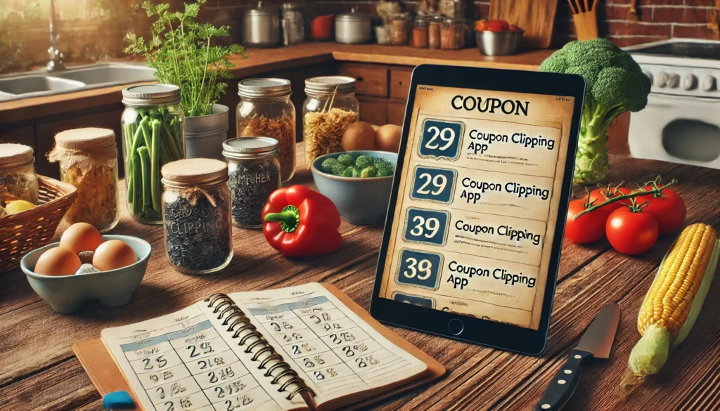 A rustic kitchen countertop featuring a tablet with a digital coupon app, surrounded by fresh groceries and a handwritten meal plan, symbolizing smart frugal food budgeting
