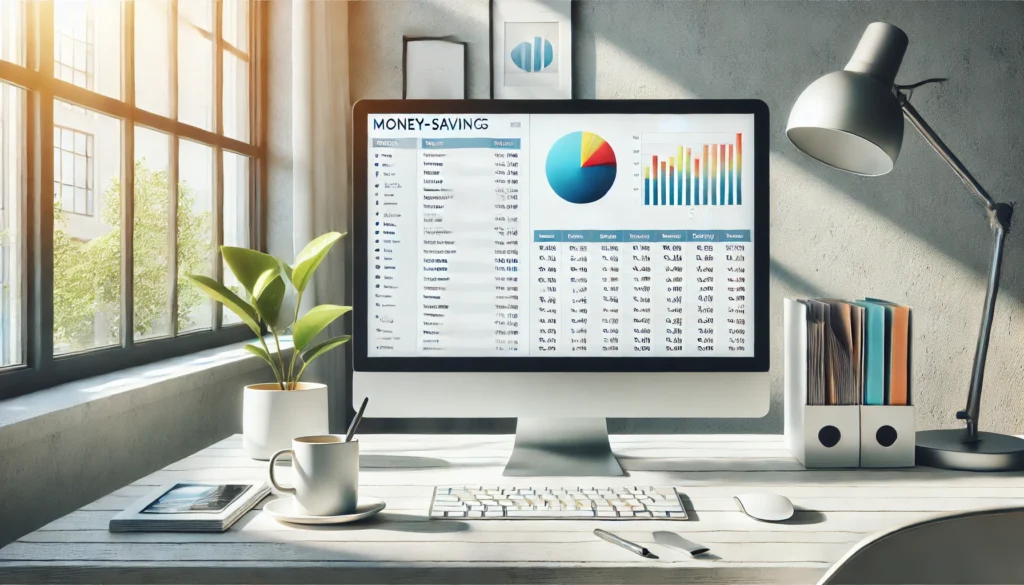 Modern home office desk with a digital money-saving spreadsheet on a computer screen, showing categorized expenses and colorful savings charts, surrounded by natural light, coffee, and indoor plants—symbolizing organized and intentional frugal living