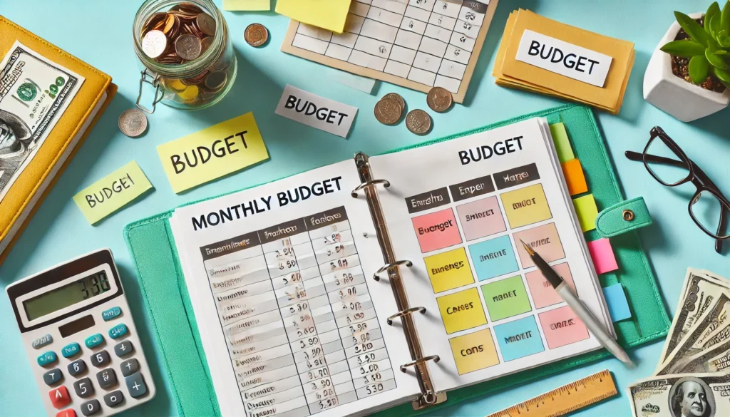 Organized workspace with a physical budget binder, color-coded monthly sheet, budgeting envelopes, and coins—illustrating hands-on financial planning for frugal living